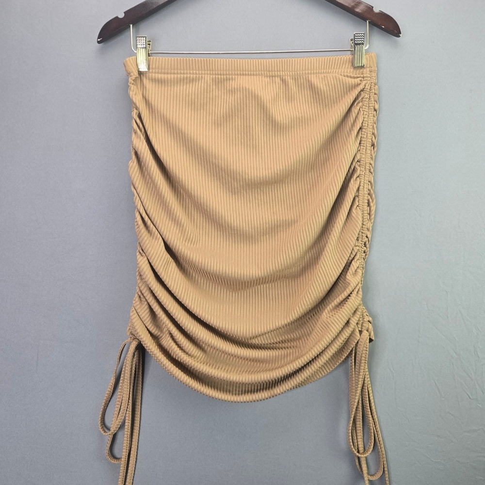 SHEIN Mini Skirt Ruched Ribbed Bodycon Large L Tan Camel Drawstring Knit Stretch